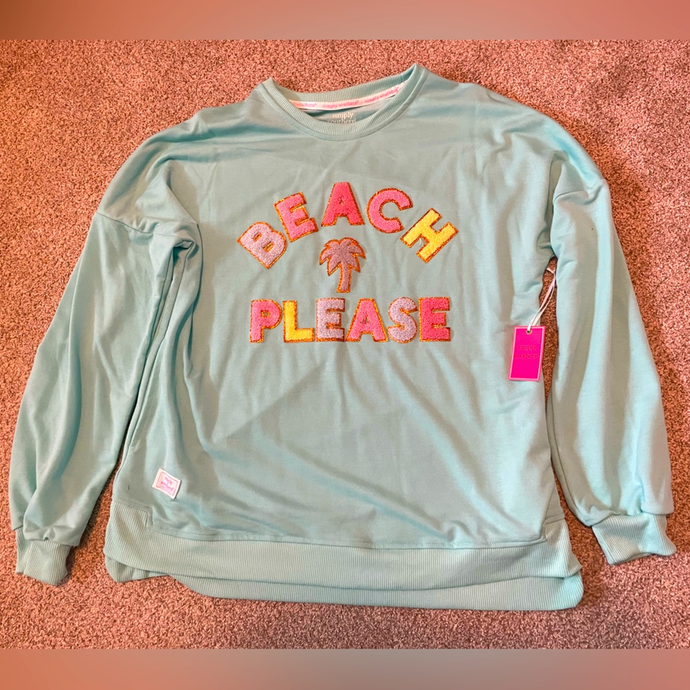 NWT Simply Southern Lightweight Pullover Chenille Letters “Beach Please” -Size L